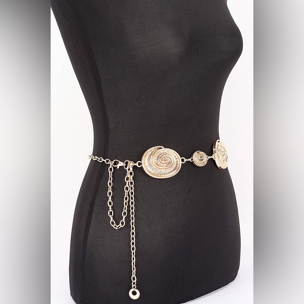 Gold or Silver Spiral Shell Charm Chain Waist Statement Belt - Picture 4 of 7